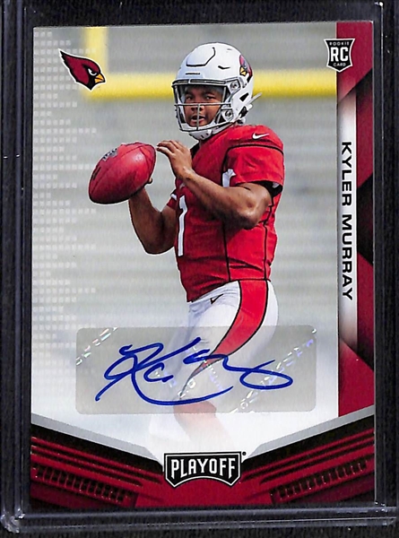 Lot of (4) 2019 Football Rookie Autographs- Playoff Kyler Murray, Phoenix Josh Jacobs Patch (#/49), Illusions Nick Bosa (#/99), Playoff DK Metcalf
